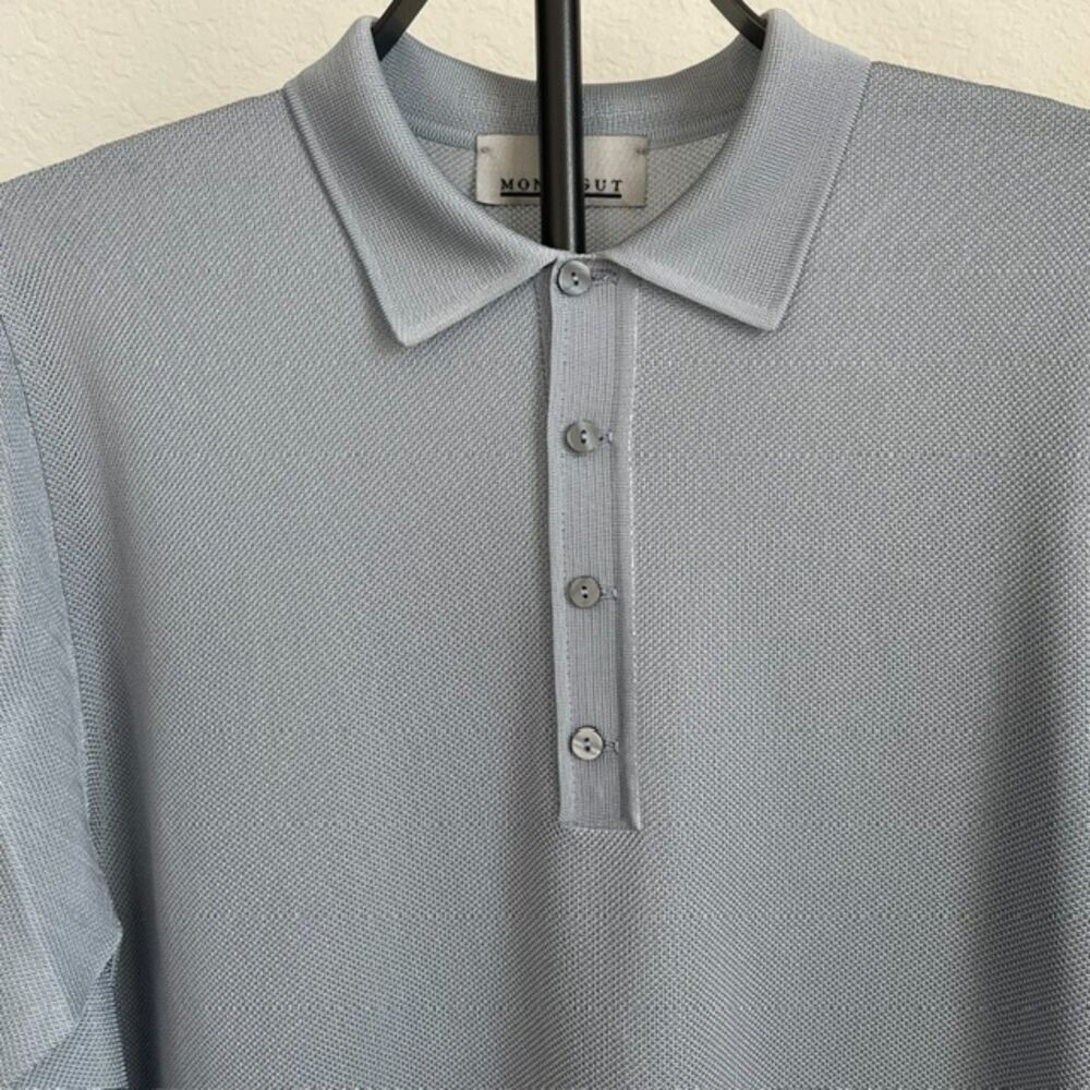 VTG Montagut Paris Fil Lumiere Knit Long Sleeve Polo Shirt Silver Gray Size 5 L - Picture 2 of 8